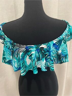 Tropical Off-Shoulder Ruffle Top - Teal Palm Print